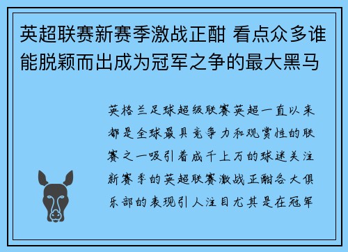 英超联赛新赛季激战正酣 看点众多谁能脱颖而出成为冠军之争的最大黑马